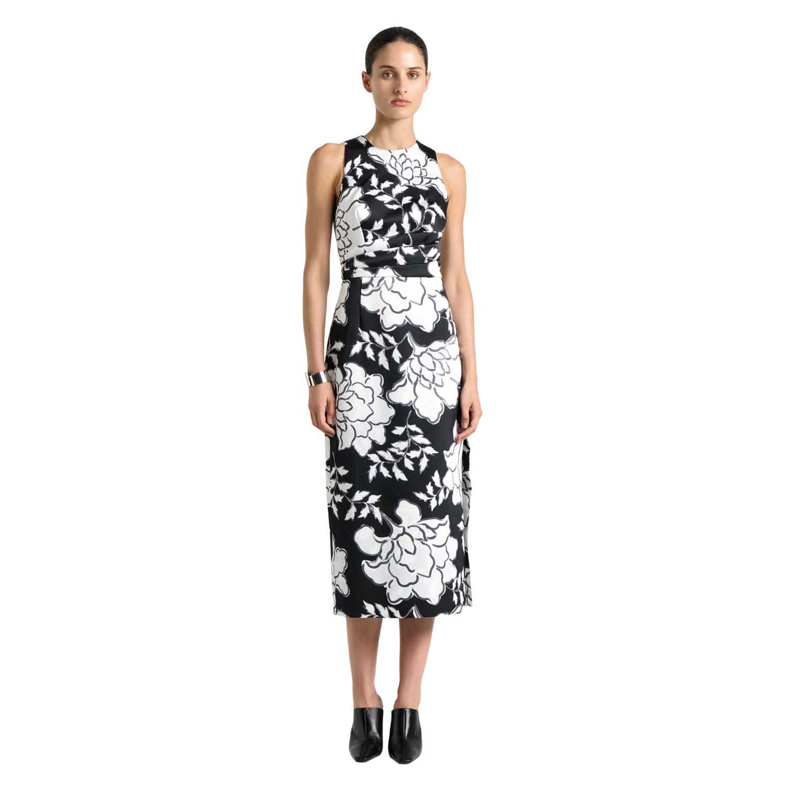 Cue Graphic Floral Satin Tucked Midi Dress